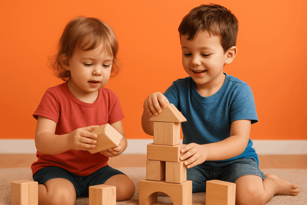 2 Kinder spielen mit Bauklötzen-min