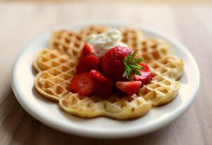 waffles, strawberries, pastries, cakes, meal, dessert